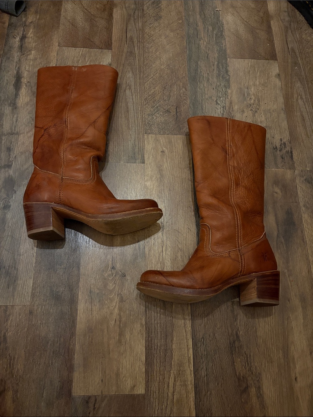 Frye Cognac Leather Mid-Calf Block Heel Boots
